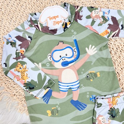 Linha Praia - Blusa com Proteção UV50 Macaquinho + e Sunga - Verde  